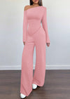 PRETTYGARDEN Casual Two Piece Sets for Women Fall Outfits Asymmetrical Off Shoulder Tops Wide Leg Pants Knit Lounge Set