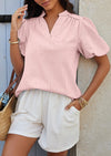 PRETTYGARDEN Womens Casual Summer Tops V Neck Short Puff Sleeve Pleated Cotton T Shirts Loose Dressy Blouses