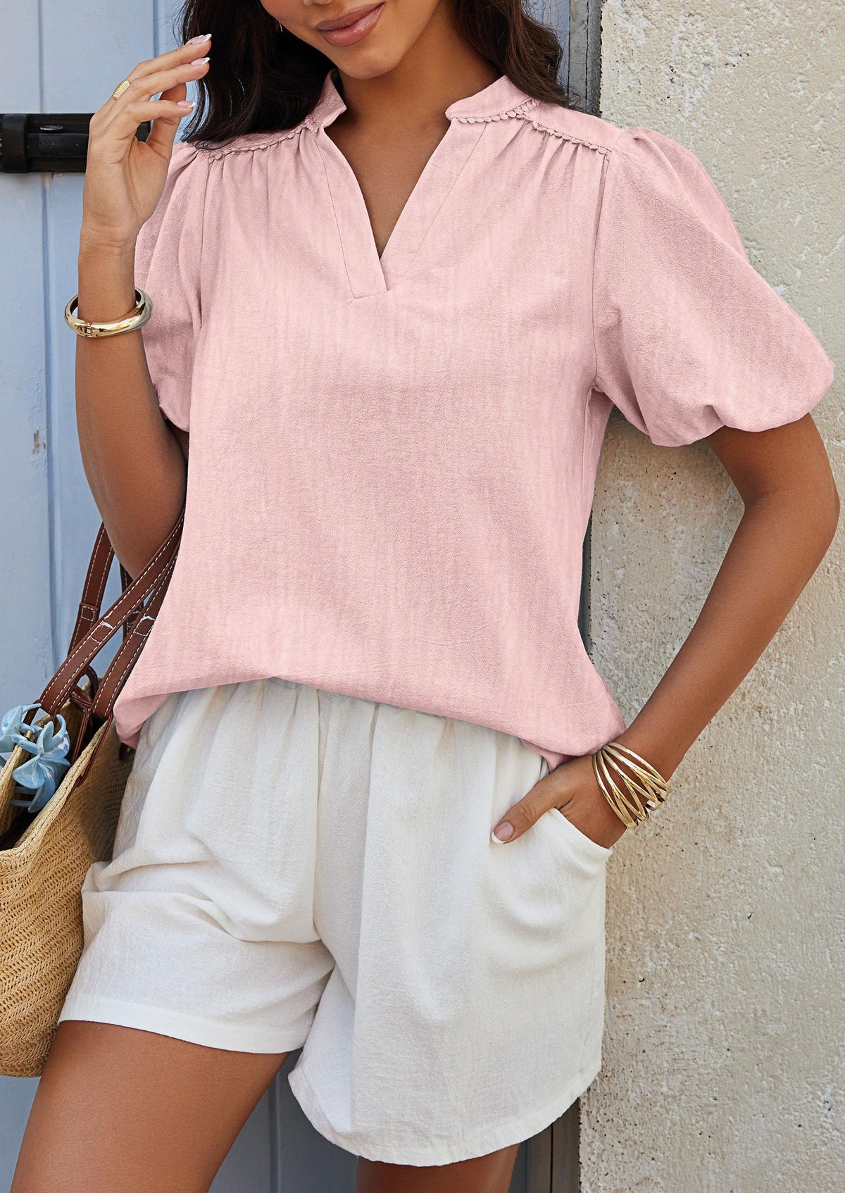 Casual V Neck Short Puff Sleeve Pleated Cotton Loose Blouses