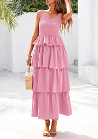 Sleeveless Scoop Neck Smocked A Line Tiered Beach Midi Dress