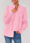 PRETTYGARDEN Womens Fall Lantern Long Sleeve Shirts Trendy Button V Neck Pleated Henley Tops Loose Work Blouses