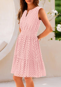 Sleeveless V Neck Eyelet Hollow Out Swing A Line Beach Vacation Dresses