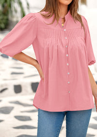Lantern Sleeve Loose Fit Button Down Casual Pleated V Neck Blouses