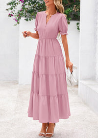 Casual Short Sleeve V Neck Tiered Flowy Beach Vacation Maxi Dress with Pockets