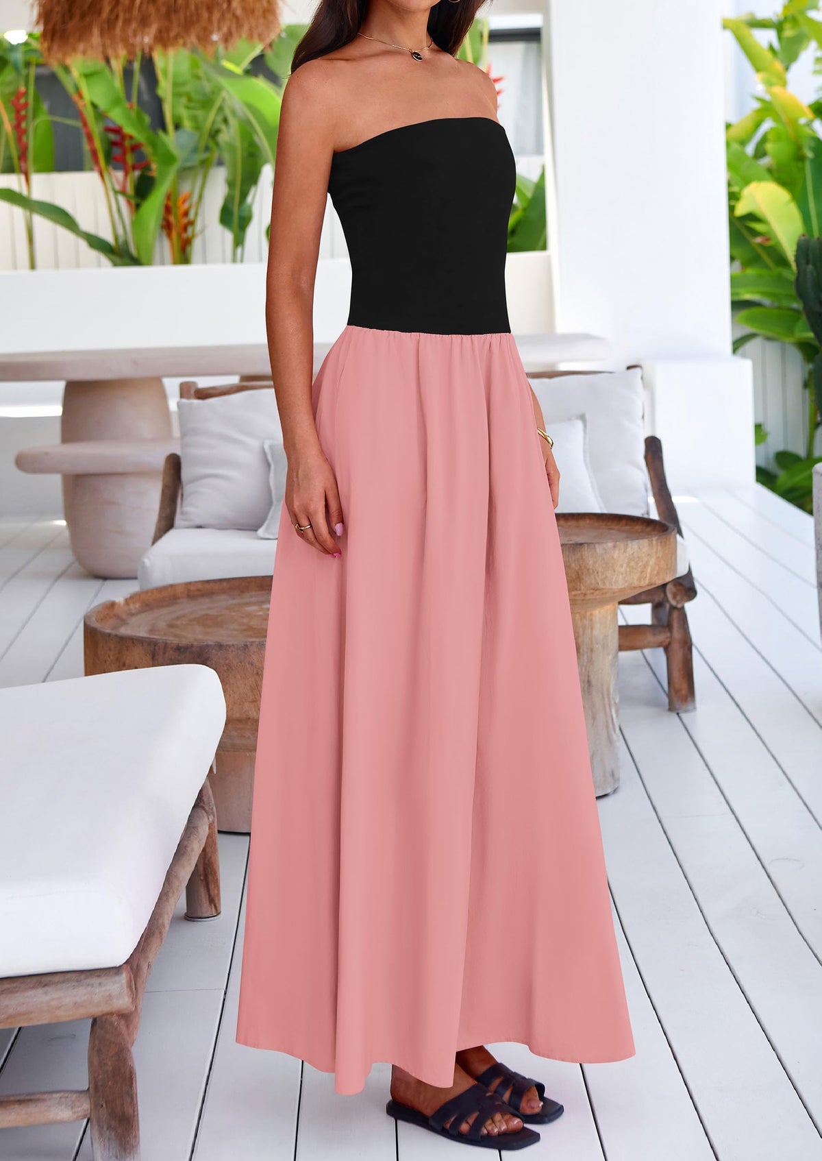 Strapless Patchwork Long Flowy Elegant Tube Top Maxi Dresses with Pockets