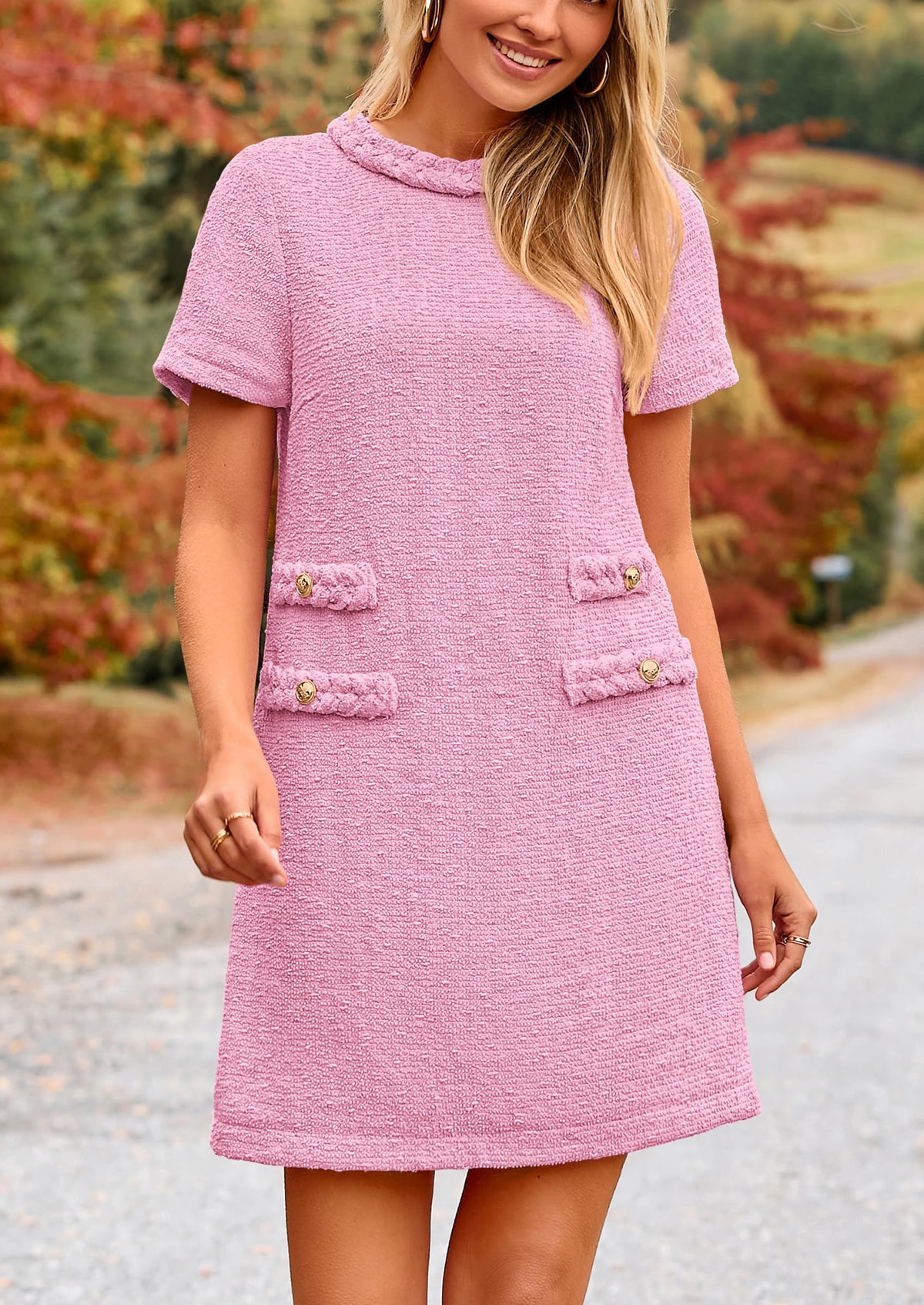 Summer Tweed Crew Neck Short Sleeve A Line Mini Dress