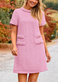 Summer Tweed Crew Neck Short Sleeve A Line Mini Dress