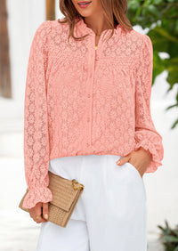Eyelet Long Sleeve Casual Hollow Out Button Up Lace Blouse