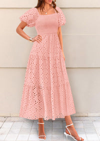 Eyelet Square Neck Puff Sleeve Smocked Maxi Dress with Pockets