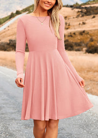 Ribbed Knit Crew Neck Long Sleeve A-Line Flowy Casual Elegant Mini Dresses