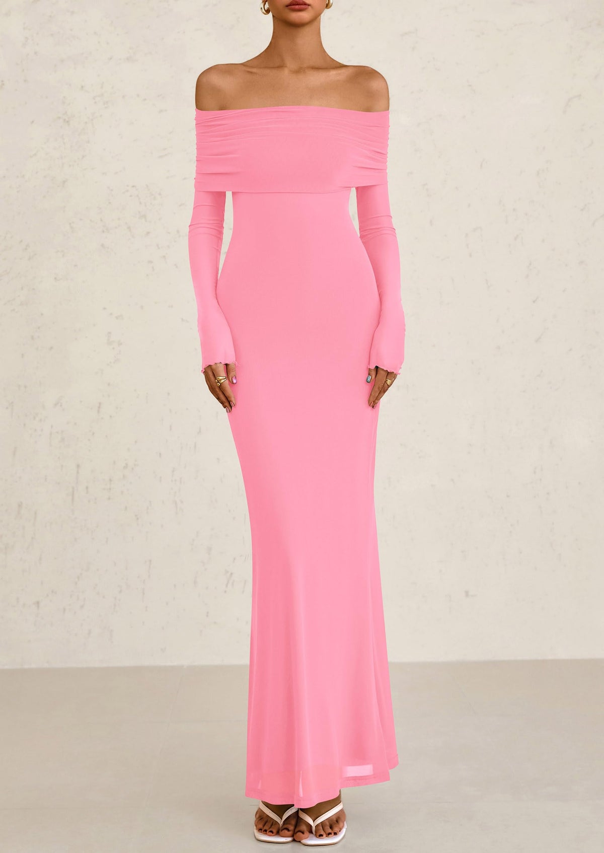Off The Shoulder Bodycon Long Sleeve Mesh Maxi Dress