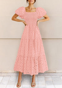Eyelet Square Neck Puff Sleeve Smocked Maxi Dress with Pockets