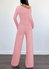 PRETTYGARDEN Casual Two Piece Sets for Women Fall Outfits Asymmetrical Off Shoulder Tops Wide Leg Pants Knit Lounge Set
