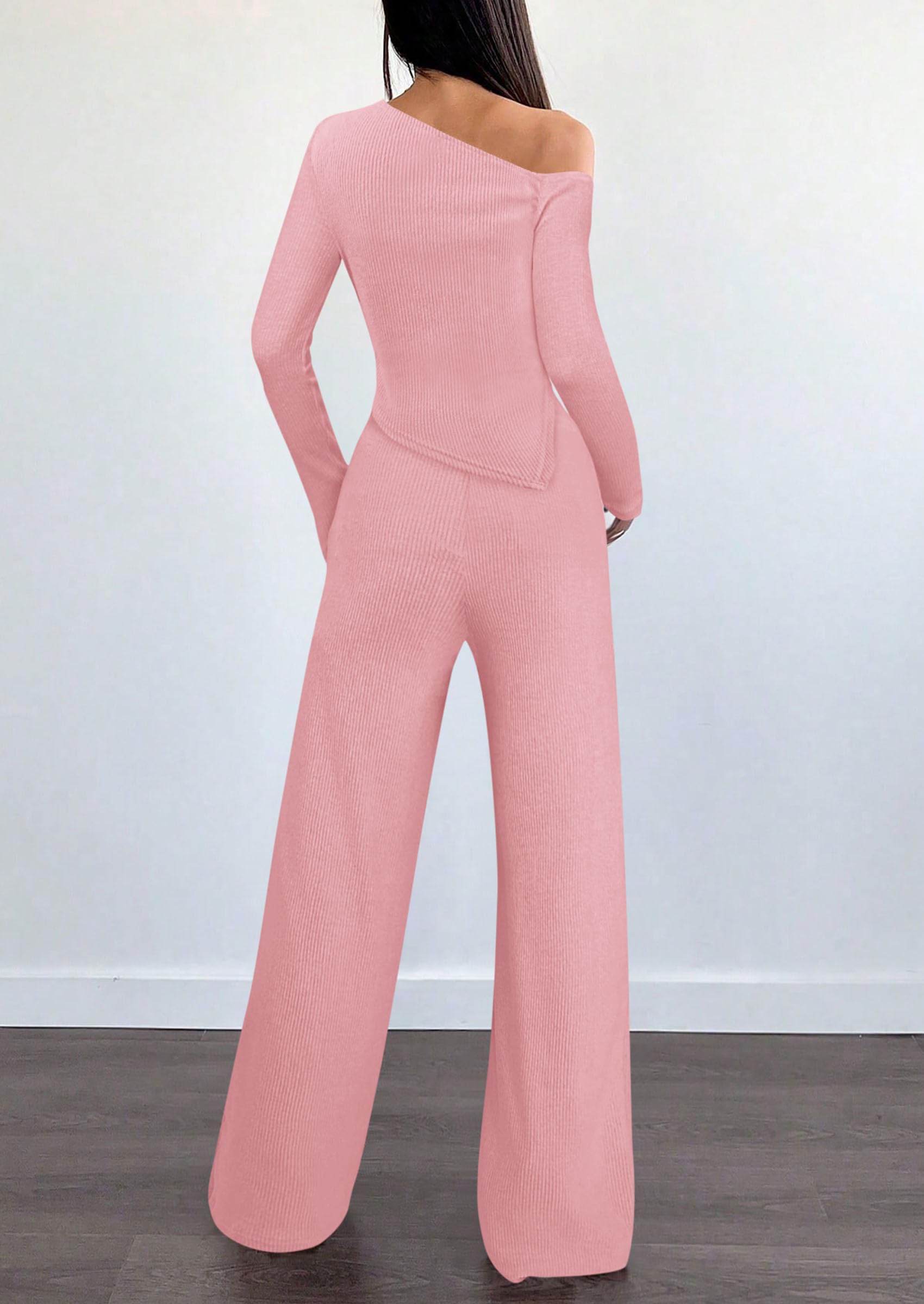 PRETTYGARDEN Casual Two Piece Sets for Women Fall Outfits Asymmetrical Off Shoulder Tops Wide Leg Pants Knit Lounge Set