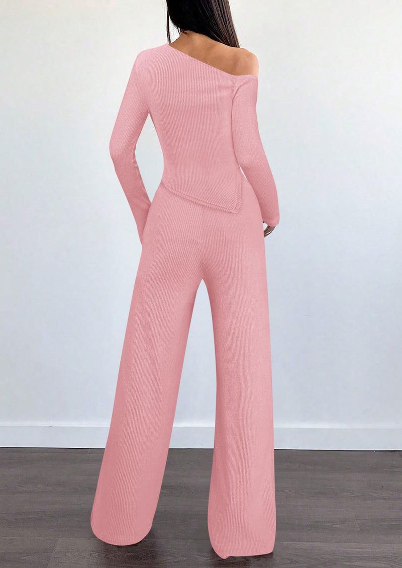 PRETTYGARDEN Casual Two Piece Sets for Women Fall Outfits Asymmetrical Off Shoulder Tops Wide Leg Pants Knit Lounge Set
