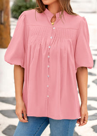 Lantern Sleeve Loose Fit Button Down Casual Pleated V Neck Blouses