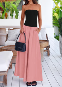 Strapless Patchwork Long Flowy Elegant Tube Top Maxi Dresses with Pockets