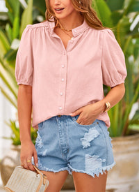 Summer Button Down Short Lantern Sleeve V Neck Cotton Blouses