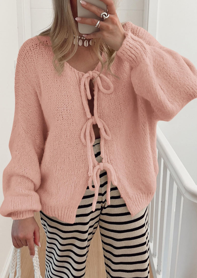 PRETTYGARDEN Women's Tie Front Bow Cardigan Sweaters Chunky Knit Long Puff Sleeve Trendy Fall Winter Jacket Coats