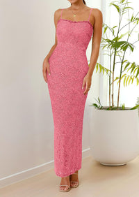Elegant Spaghetti Strap Lace Floral Bodycon Maxi Dress