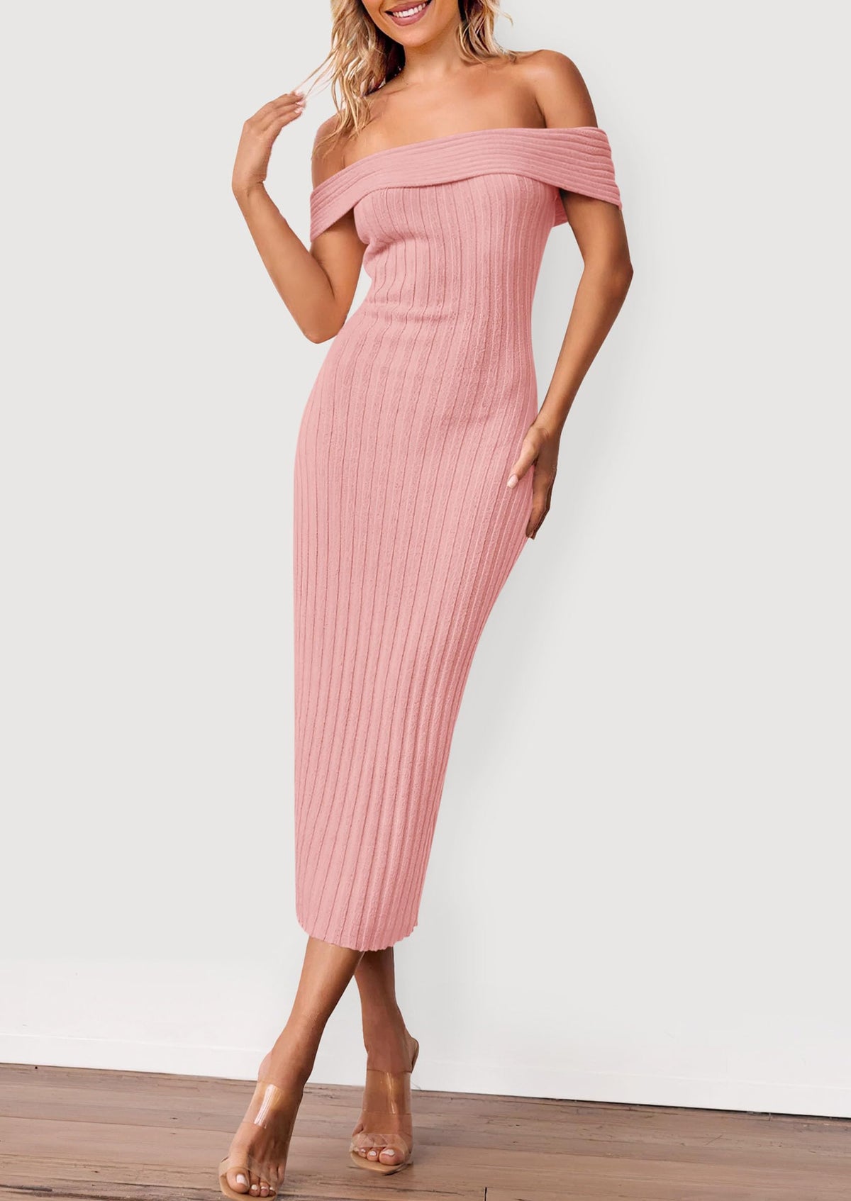 Off The Shoulder Elegant Ribbed Knit Bodycon Wedding Guest Sweater Midi Dresses