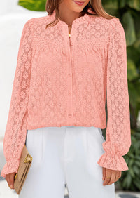 Eyelet Long Sleeve Casual Hollow Out Button Up Lace Blouse