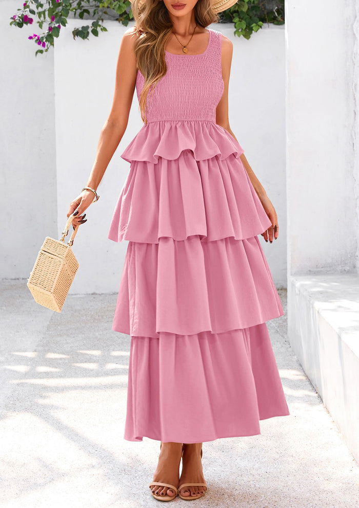 Sleeveless Scoop Neck Smocked A Line Tiered Beach Midi Dress
