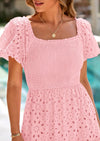 PRETTYGARDEN Dresses for Women Eyelet Square Neck Puff Sleeve Smocked Wedding Guest Maxi Dress with Pockets