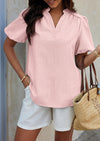 PRETTYGARDEN Womens Casual Summer Tops V Neck Short Puff Sleeve Pleated Cotton T Shirts Loose Dressy Blouses