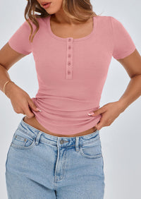 Short Sleeve Ribbed Knit Henley Button Up Slim Fit Basic Casual T-shirts