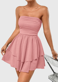 Strapless Tube  Off Shoulder Smocked Ruffle A Line Mini Dress