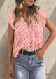 Casual Ruffle Cap Sleeve Button V Neck Embroidered Eyelet Blouses