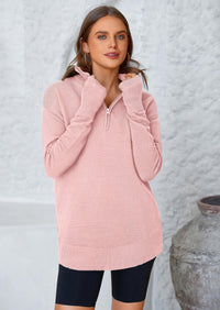 PRETTYGARDEN Womens Long Sleeve Quarter Zip Pullover Sweater Casual Loose V Neck Collared Ribbed Knit Jumper Tops Thumb Hole