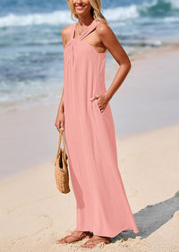 Casual Sleeveless Strappy Loose Flowy Beach Maxi Dress with Pockets