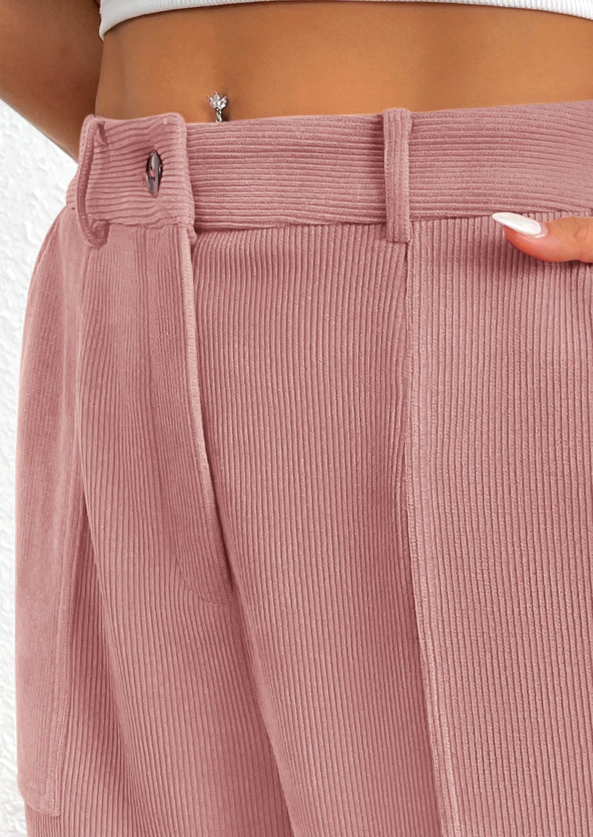 Elastic High Waisted Work Office Corduroy Casual Pants with Pockets