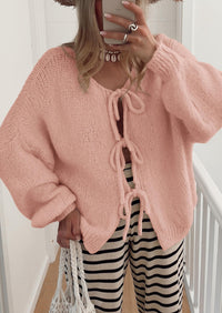 PRETTYGARDEN Women's Tie Front Bow Cardigan Sweaters Chunky Knit Long Puff Sleeve Trendy Fall Winter Jacket Coats