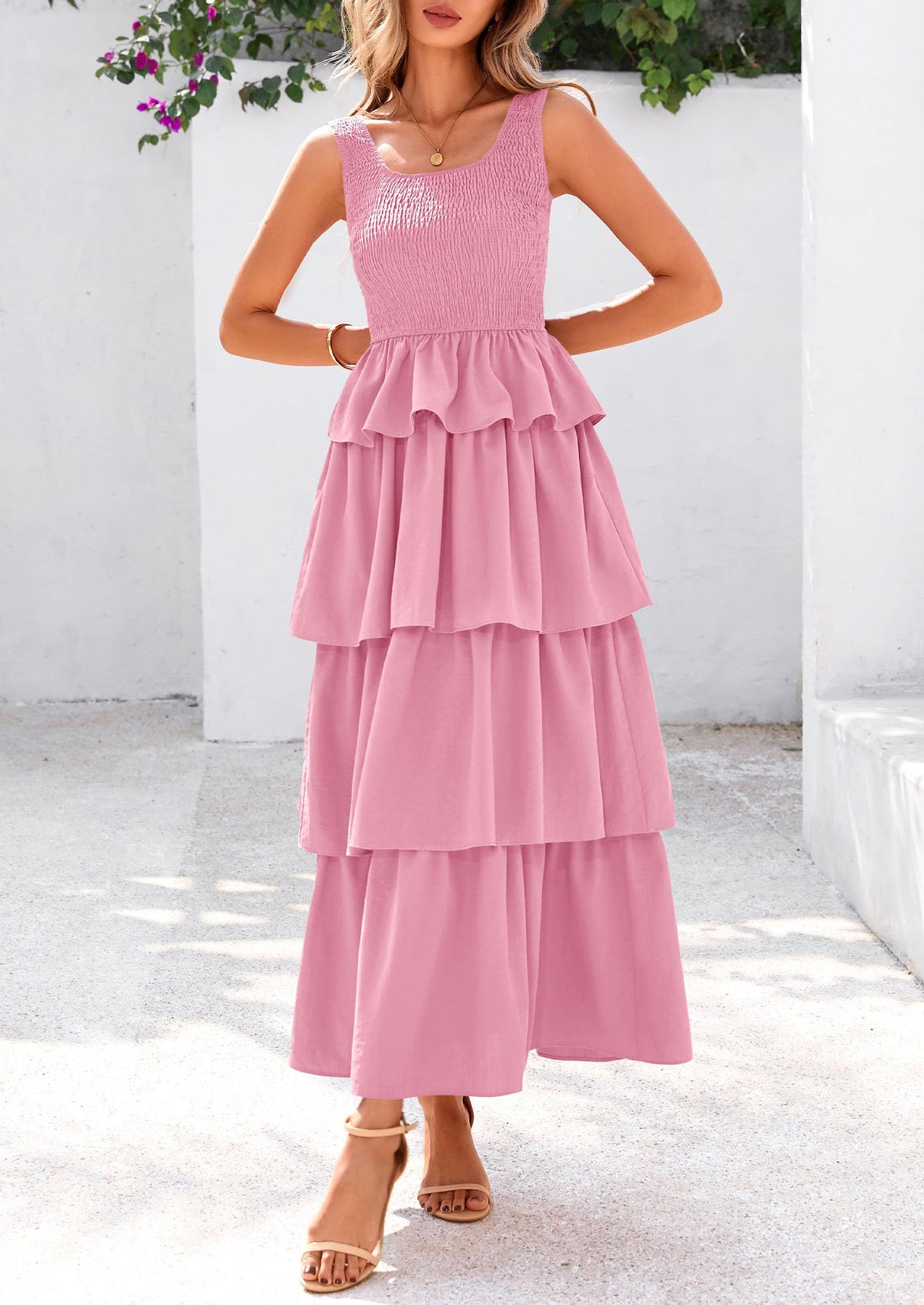 Sleeveless Scoop Neck Smocked A Line Tiered Beach Midi Dress
