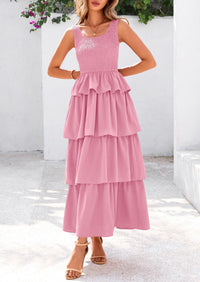 Sleeveless Scoop Neck Smocked A Line Tiered Beach Midi Dress