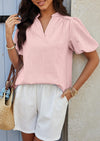 PRETTYGARDEN Womens Casual Summer Tops V Neck Short Puff Sleeve Pleated Cotton T Shirts Loose Dressy Blouses