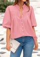 Lantern Sleeve Loose Fit Button Down Casual Pleated V Neck Blouses