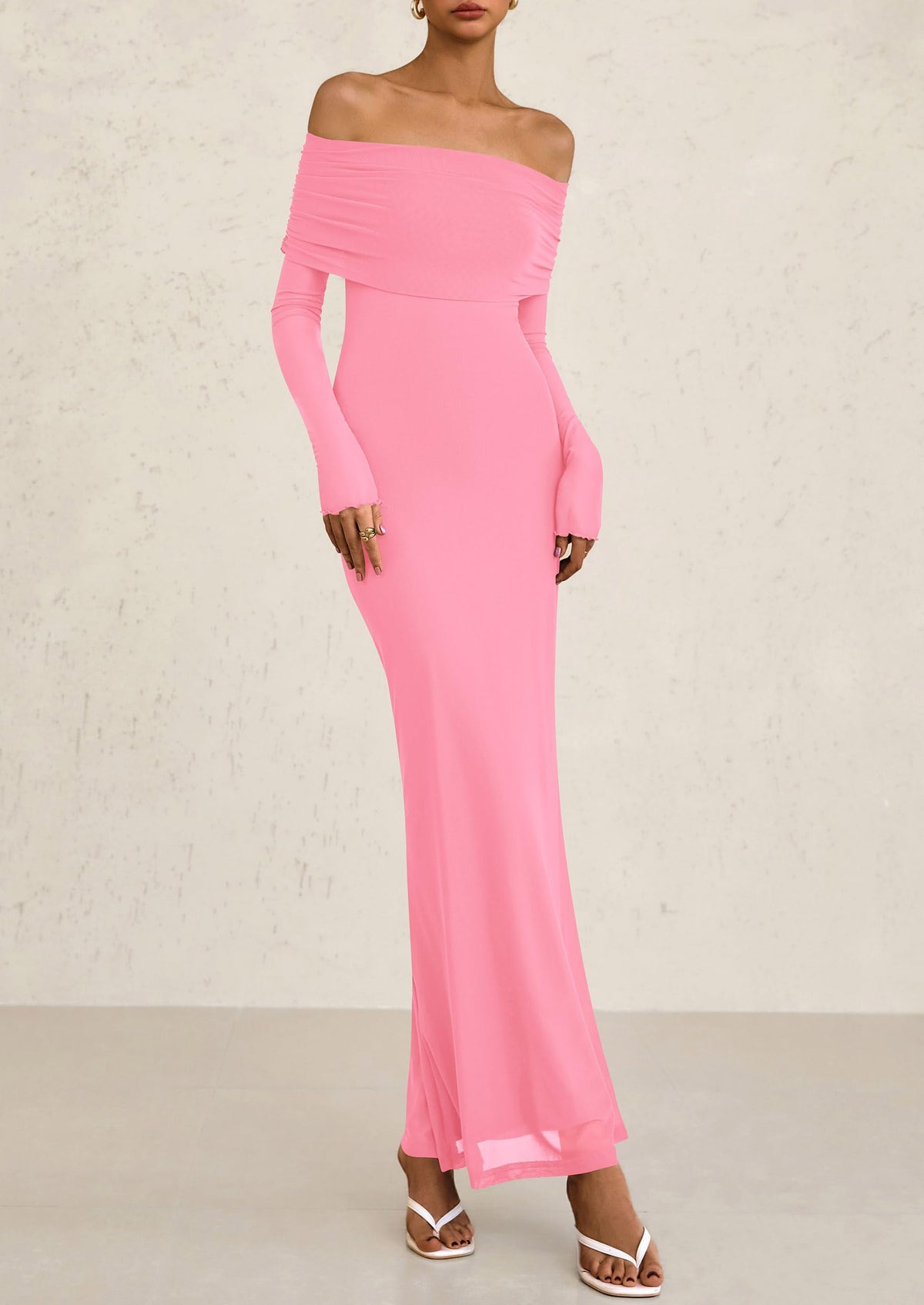 Off The Shoulder Bodycon Long Sleeve Mesh Maxi Dress