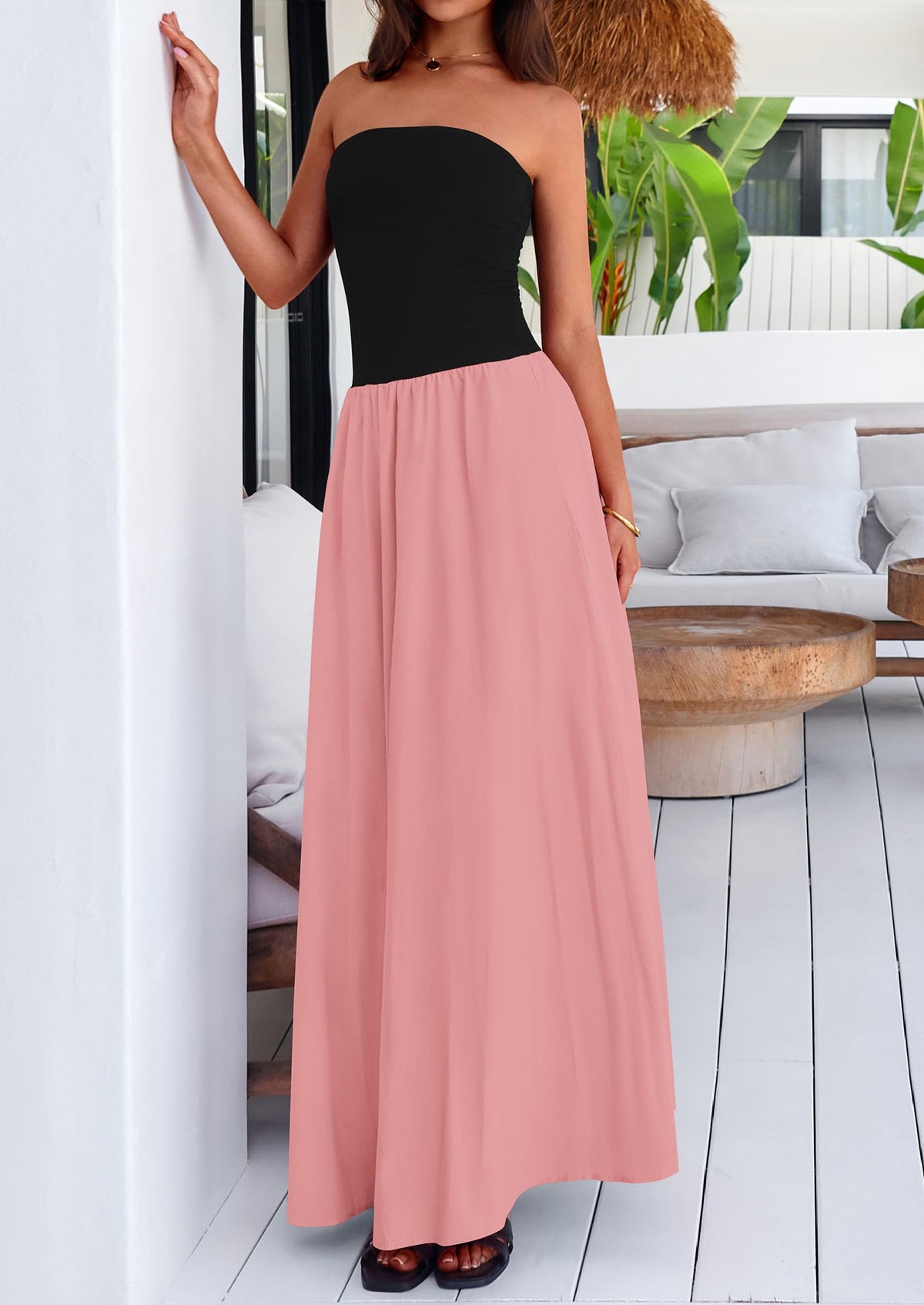 Strapless Patchwork Long Flowy Elegant Tube Top Maxi Dresses with Pockets