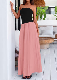 Strapless Patchwork Long Flowy Elegant Tube Top Maxi Dresses with Pockets