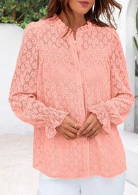 Eyelet Long Sleeve Casual Hollow Out Button Up Lace Blouse