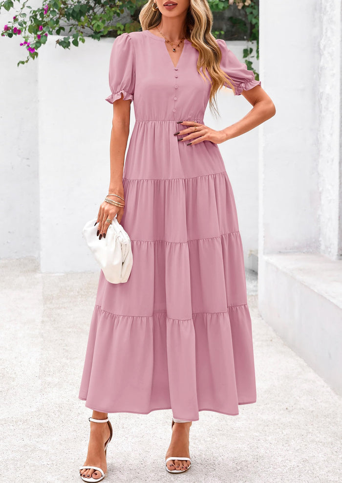 Casual Short Sleeve V Neck Tiered Flowy Beach Vacation Maxi Dress with Pockets