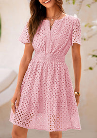 V Neck Short Sleeve A Line Hollow Out Lace Ruffle Casual Beach Party Mini Dresses