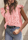 PRETTYGARDEN Womens Summer Tops 2025 Dressy Casual Ruffle Cap Sleeve Button V Neck Embroidered Eyelet Blouses Shirts