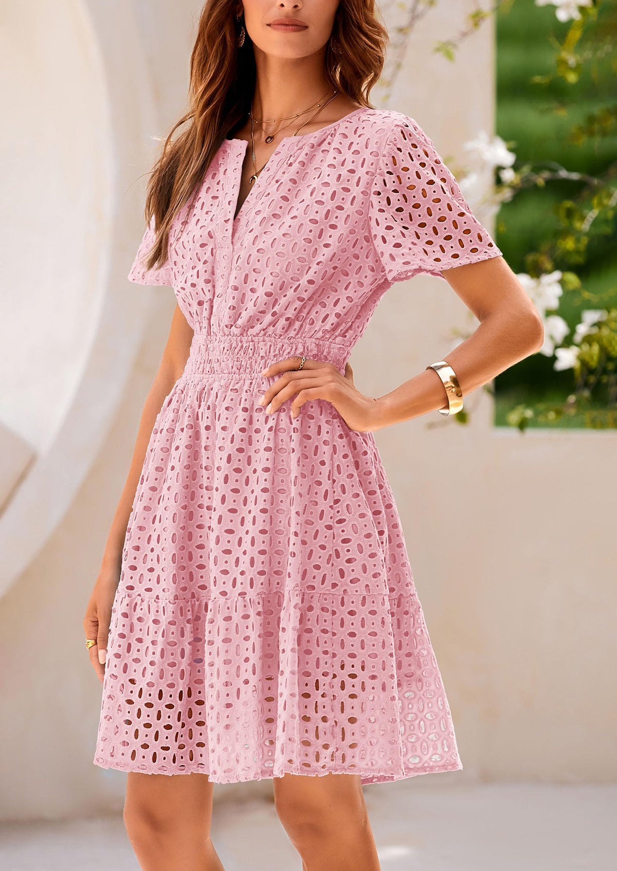V Neck Short Sleeve A Line Hollow Out Lace Ruffle Casual Beach Party Mini Dresses