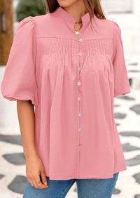 Lantern Sleeve Loose Fit Button Down Casual Pleated V Neck Blouses
