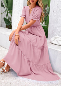 Casual Short Sleeve V Neck Tiered Flowy Beach Vacation Maxi Dress with Pockets